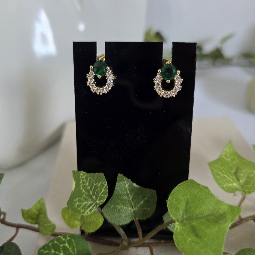 Gold Filled Small Hoop Earrings Emerald Green and Clear Pave